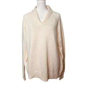 Lands' End Ivory Shawl Collar Sweater 100% Cotton Knit Pullover Cream (Size XL)